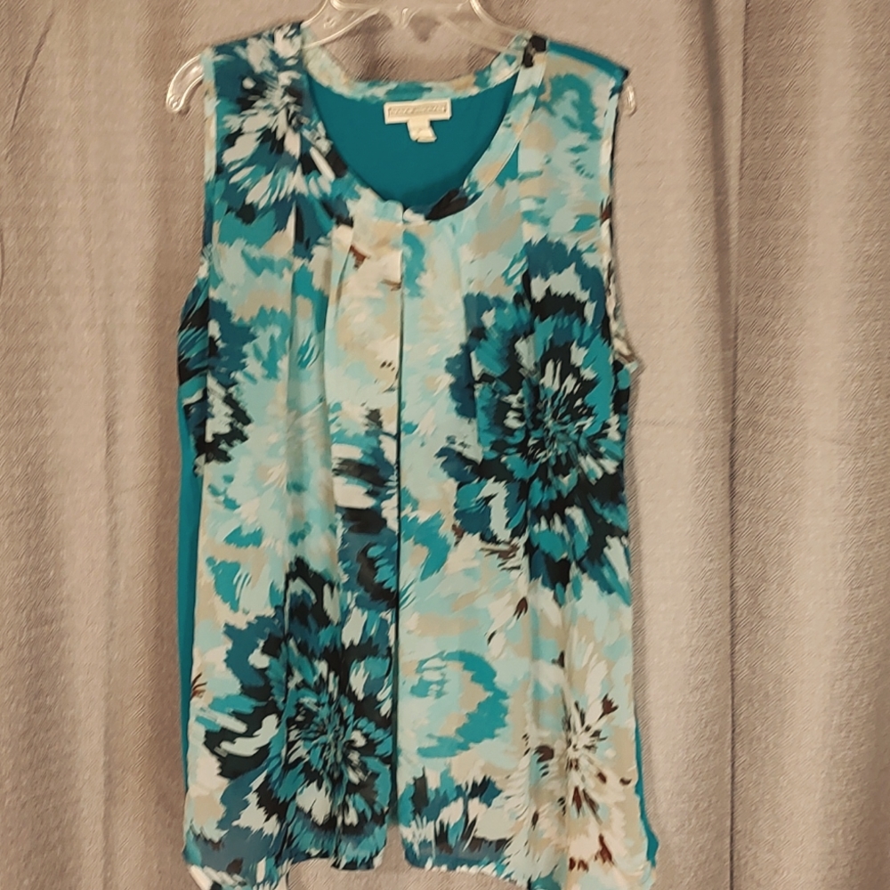 Dana Buchman Sleeveless Turquoise Floral Blouse   Sz Large